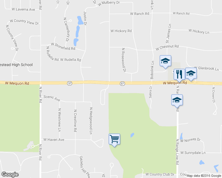 map of restaurants, bars, coffee shops, grocery stores, and more near 11148 North Riverland Court in Mequon