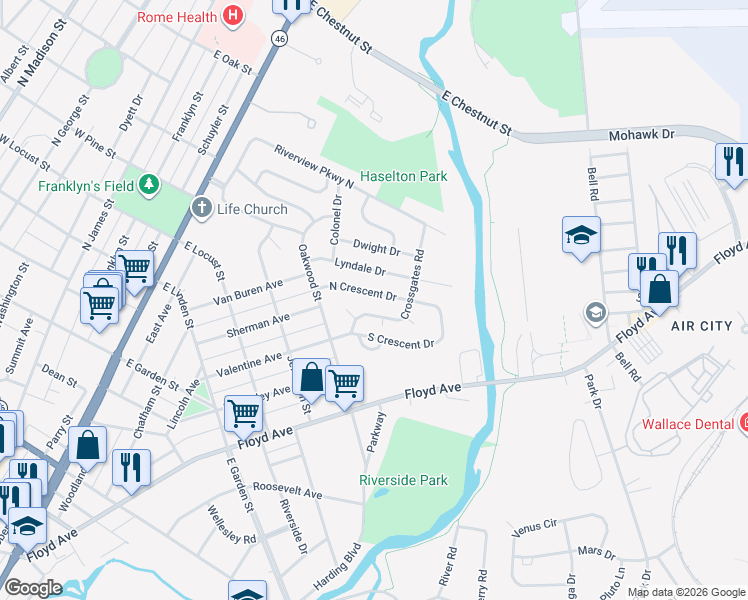 map of restaurants, bars, coffee shops, grocery stores, and more near 122 North Crescent Drive in Rome