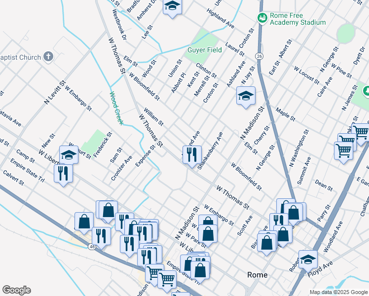 map of restaurants, bars, coffee shops, grocery stores, and more near 507 William Street in Rome