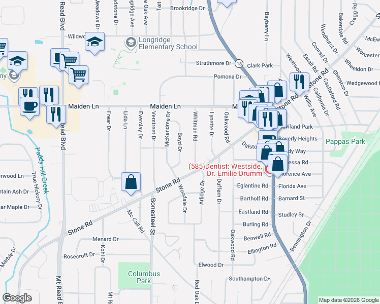 map of restaurants, bars, coffee shops, grocery stores, and more near 54 Boyd Drive in Rochester