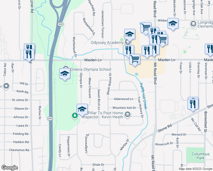 map of restaurants, bars, coffee shops, grocery stores, and more near 89 Sweet Birch Lane in Rochester