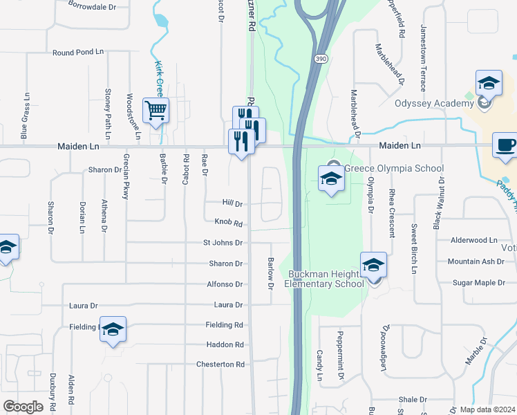 map of restaurants, bars, coffee shops, grocery stores, and more near 655 Fetzner Road in Rochester
