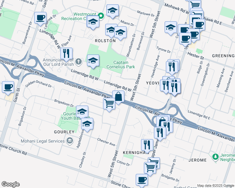 map of restaurants, bars, coffee shops, grocery stores, and more near Lincoln M. Alexander Parkway in Hamilton