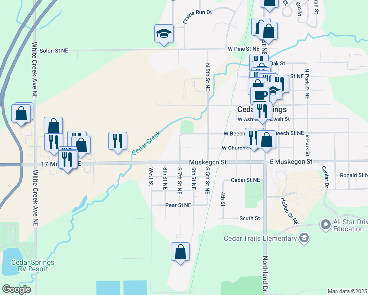 map of restaurants, bars, coffee shops, grocery stores, and more near 136 South 7th Street Northeast in Cedar Springs