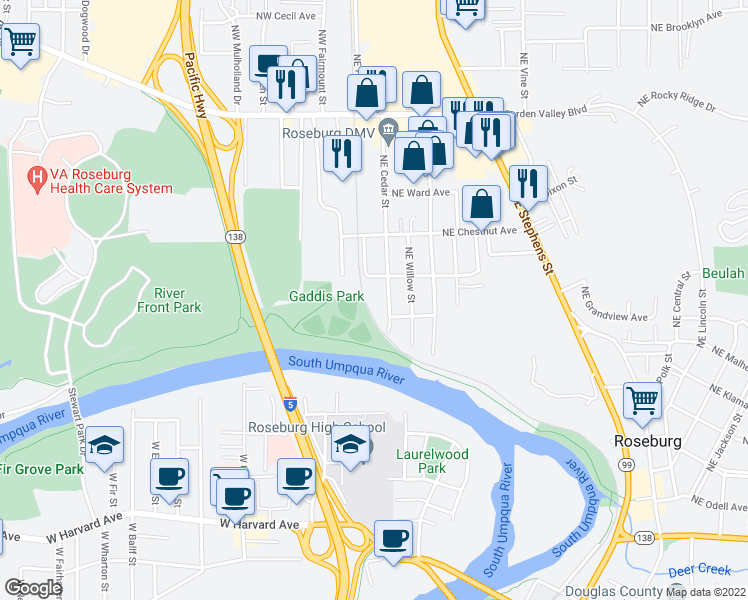 map of restaurants, bars, coffee shops, grocery stores, and more near 934 Northeast Cedar Street in Roseburg