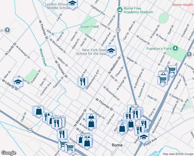 map of restaurants, bars, coffee shops, grocery stores, and more near 414 West Bloomfield Street in Rome