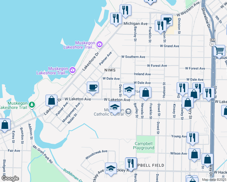 map of restaurants, bars, coffee shops, grocery stores, and more near 1241 West Larch Avenue in Muskegon