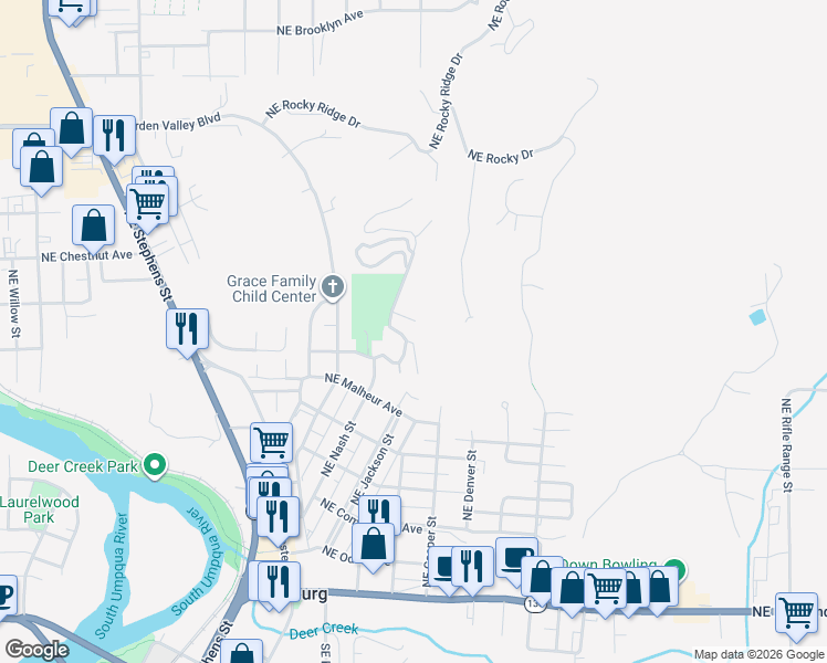map of restaurants, bars, coffee shops, grocery stores, and more near 1425 Northeast Hillview Court in Roseburg