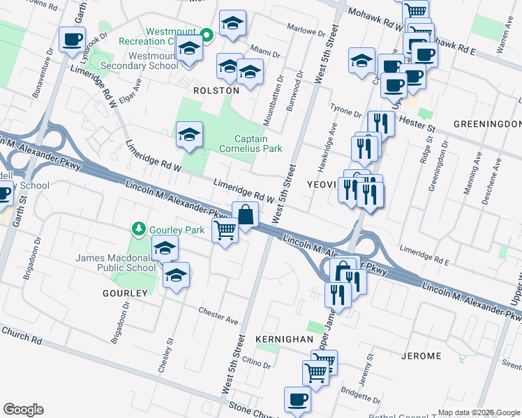 map of restaurants, bars, coffee shops, grocery stores, and more near in Hamilton