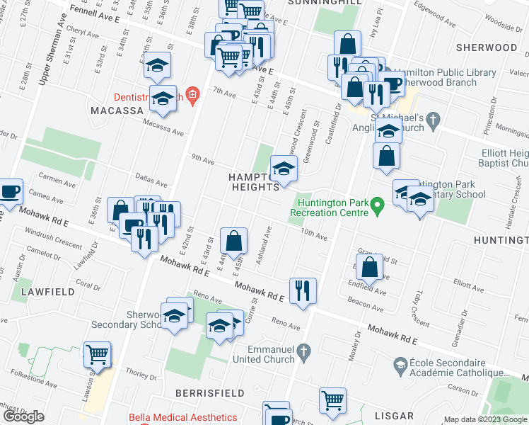 map of restaurants, bars, coffee shops, grocery stores, and more near 775 10th Avenue in Hamilton
