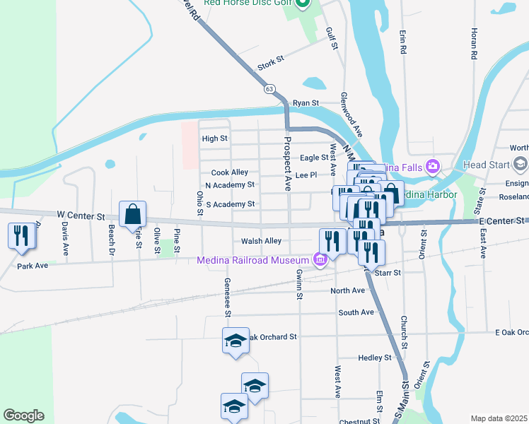 map of restaurants, bars, coffee shops, grocery stores, and more near 413 Catherine Street in Medina