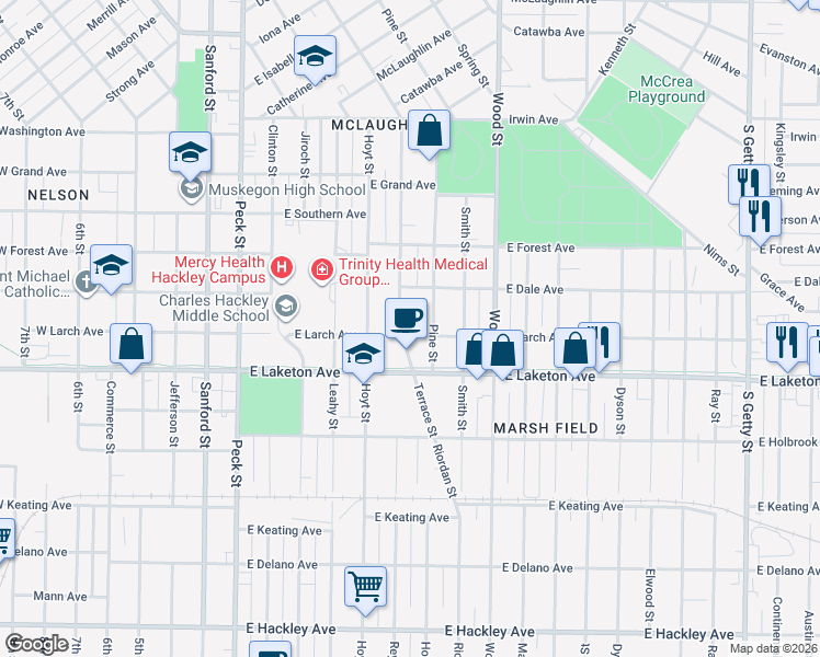 map of restaurants, bars, coffee shops, grocery stores, and more near 1728 Terrace Street in Muskegon