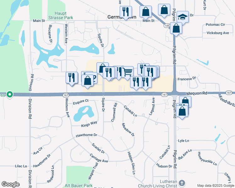 map of restaurants, bars, coffee shops, grocery stores, and more near N112W16236 Mequon Road in Germantown