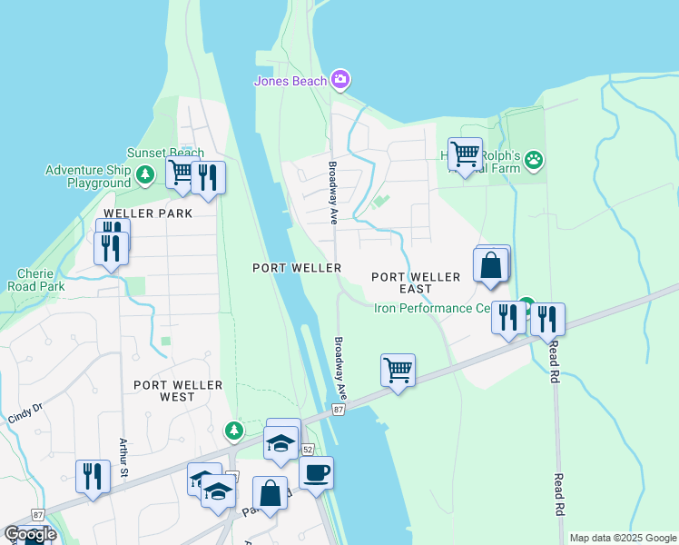 map of restaurants, bars, coffee shops, grocery stores, and more near 46 Seaway Haulage Road in Saint Catharines