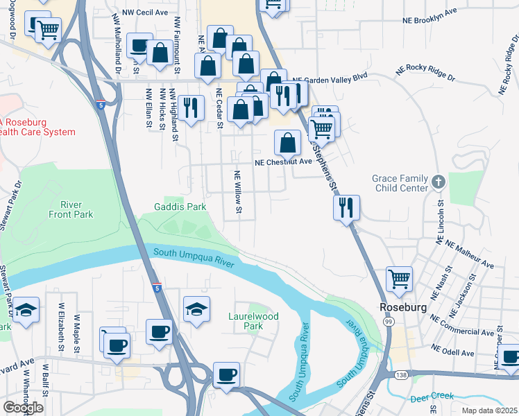 map of restaurants, bars, coffee shops, grocery stores, and more near 931 Walnut Street in Roseburg