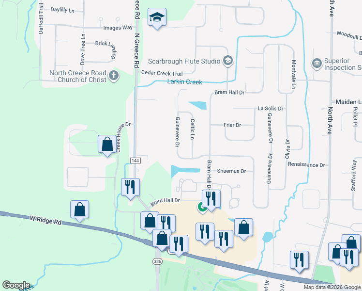 map of restaurants, bars, coffee shops, grocery stores, and more near 913 Guinevere Drive in Rochester
