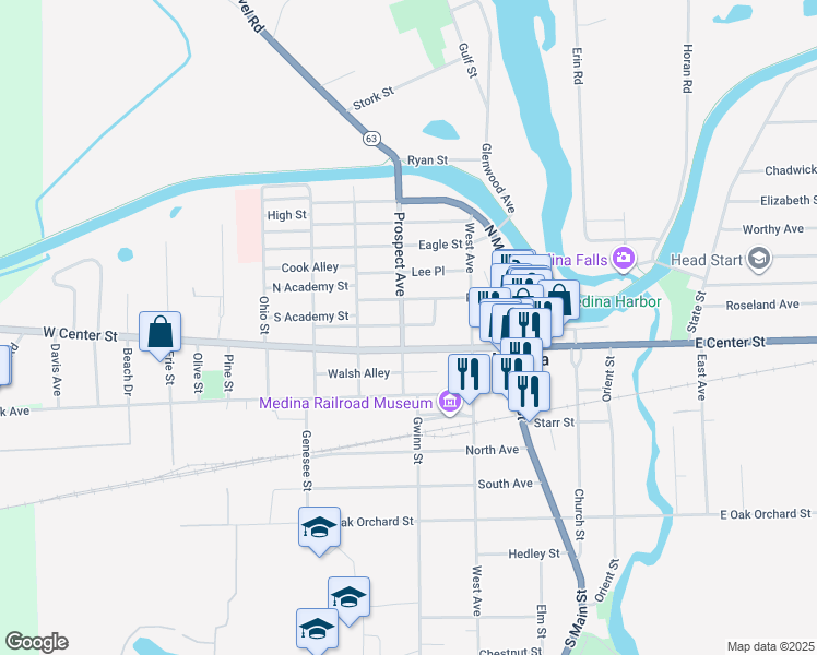 map of restaurants, bars, coffee shops, grocery stores, and more near 415 Prospect Avenue in Medina