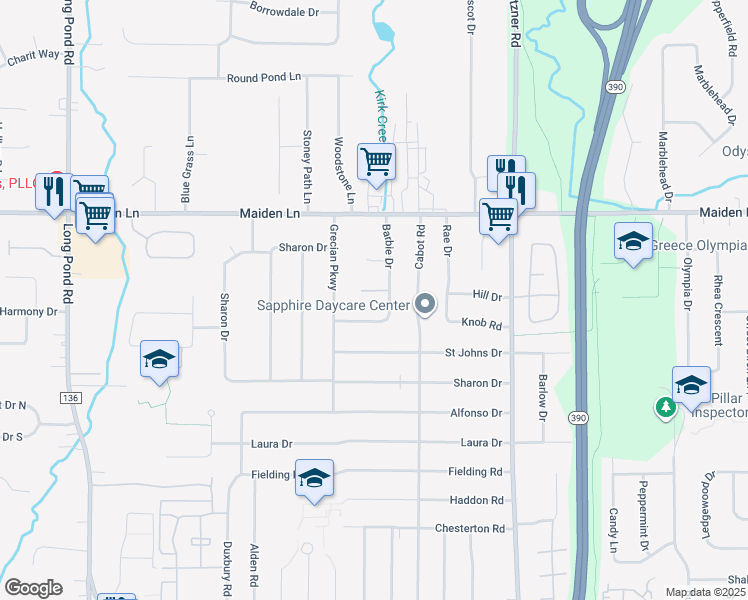 map of restaurants, bars, coffee shops, grocery stores, and more near 64 Barbie Court in Rochester