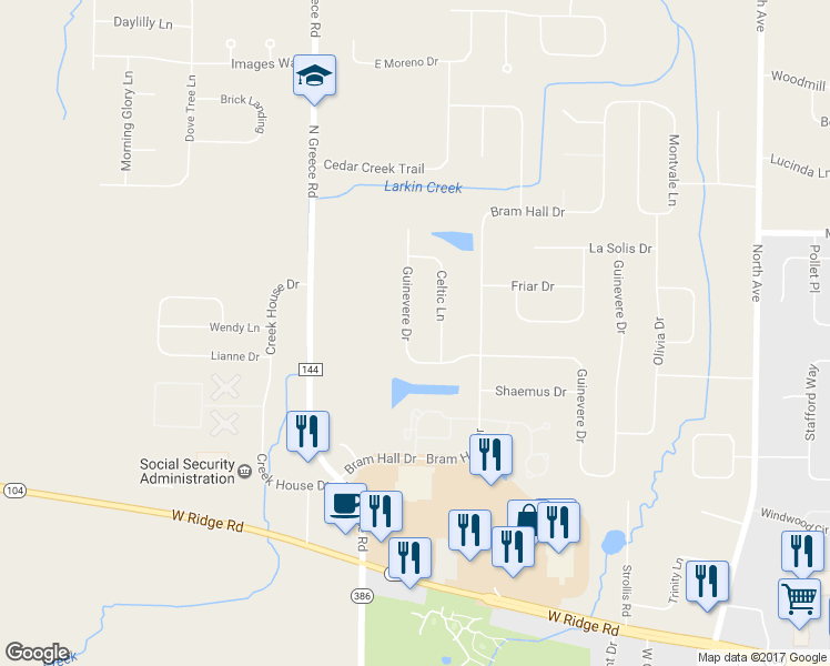 map of restaurants, bars, coffee shops, grocery stores, and more near 913 Guinevere Drive in Rochester