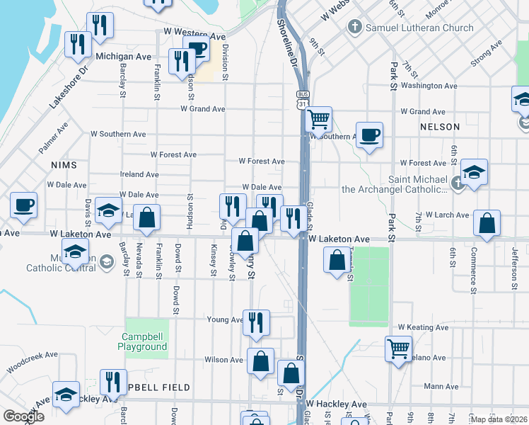 map of restaurants, bars, coffee shops, grocery stores, and more near 766 West Larch Avenue in Muskegon