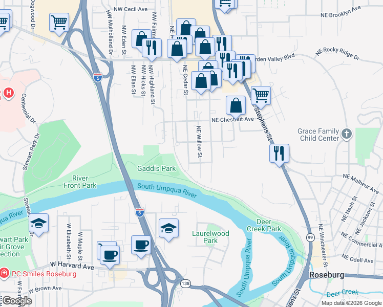 map of restaurants, bars, coffee shops, grocery stores, and more near 945 Northeast Cedar Street in Roseburg