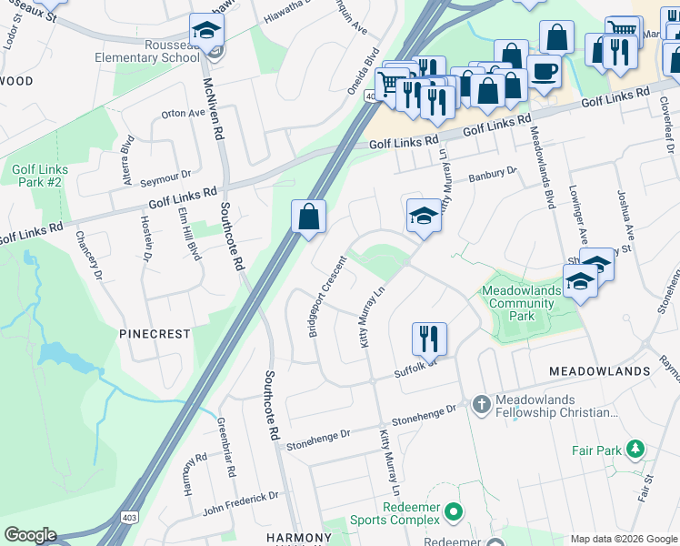 map of restaurants, bars, coffee shops, grocery stores, and more near 2 Canter Court in Hamilton