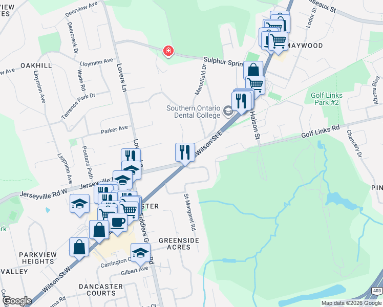 map of restaurants, bars, coffee shops, grocery stores, and more near 111 Wilson Street East in Hamilton