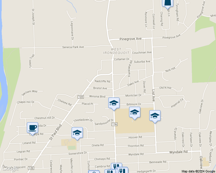 map of restaurants, bars, coffee shops, grocery stores, and more near 106 Bristol Ave in Rochester