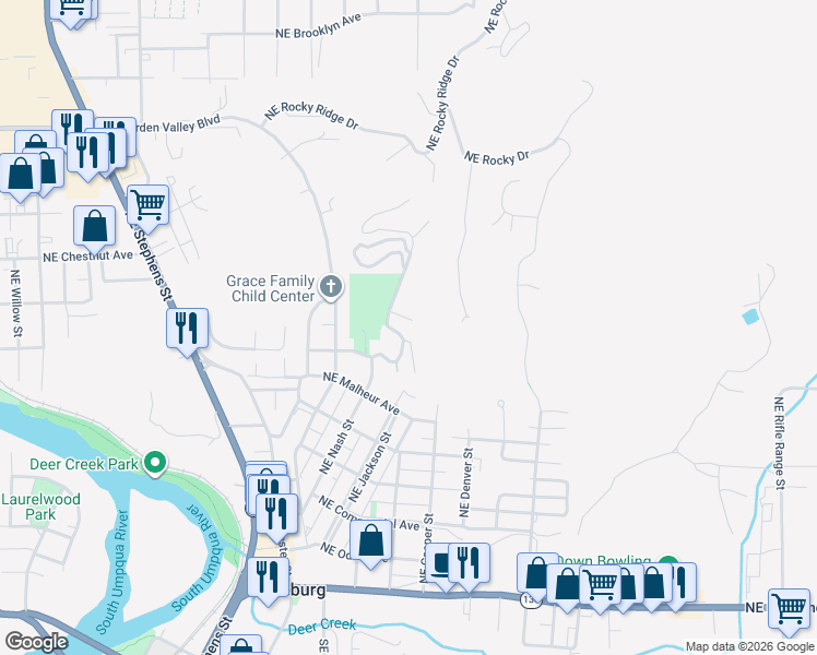 map of restaurants, bars, coffee shops, grocery stores, and more near 1425 Northeast Hillview Court in Roseburg