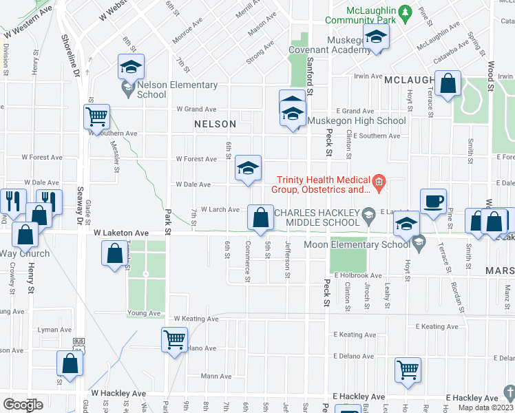 map of restaurants, bars, coffee shops, grocery stores, and more near 1733 5th Street in Muskegon