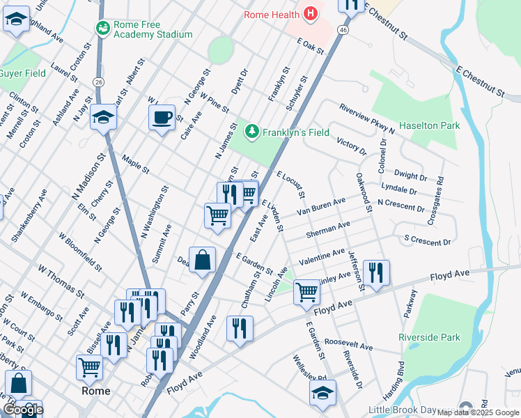 map of restaurants, bars, coffee shops, grocery stores, and more near 823-999 East Avenue in Rome