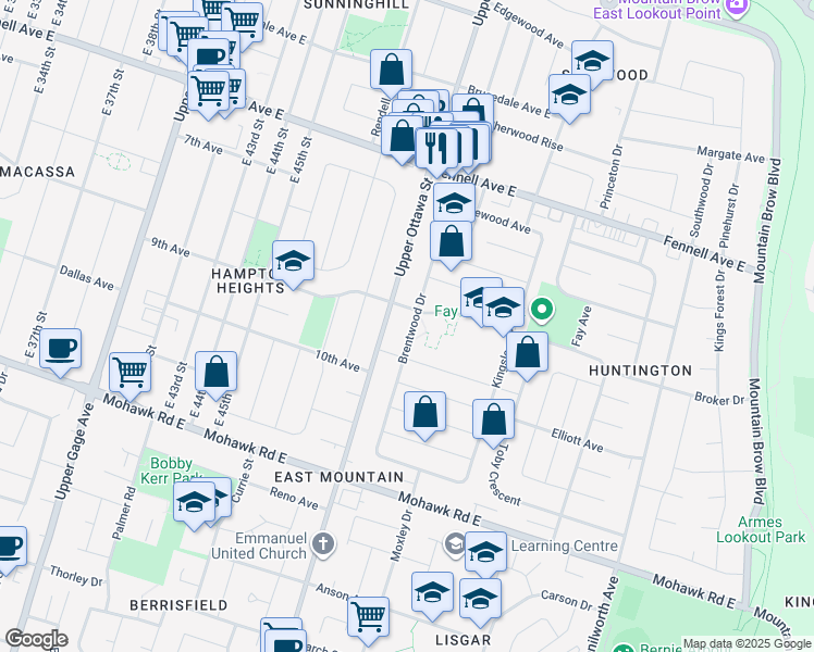 map of restaurants, bars, coffee shops, grocery stores, and more near 88 Brentwood Drive in Hamilton