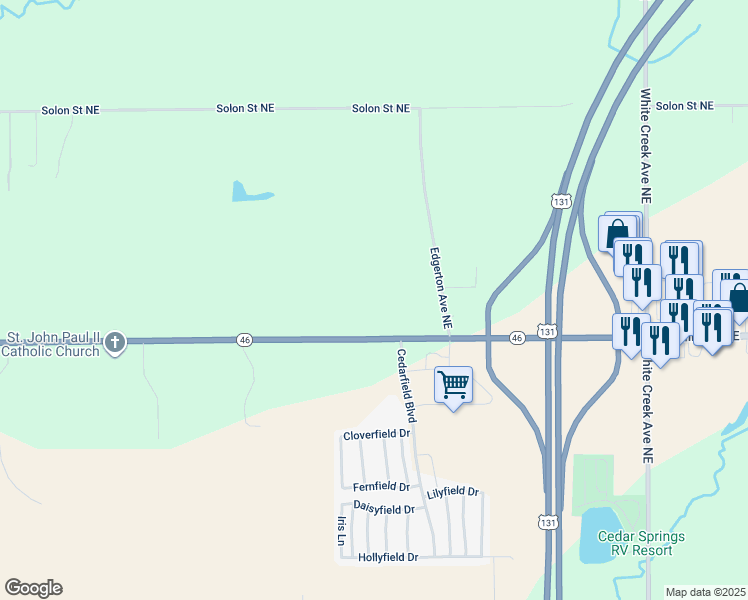 map of restaurants, bars, coffee shops, grocery stores, and more near 3565 17 Mile Road Northeast in Cedar Springs