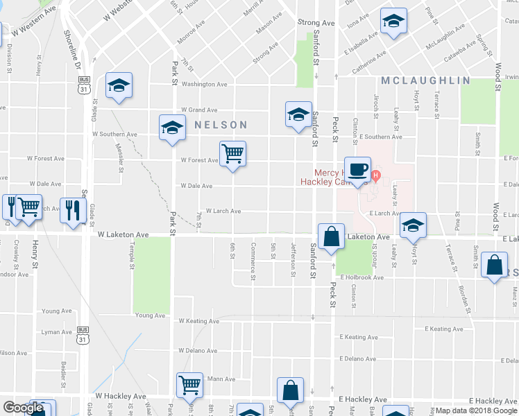 map of restaurants, bars, coffee shops, grocery stores, and more near 1733 5th Street in Muskegon
