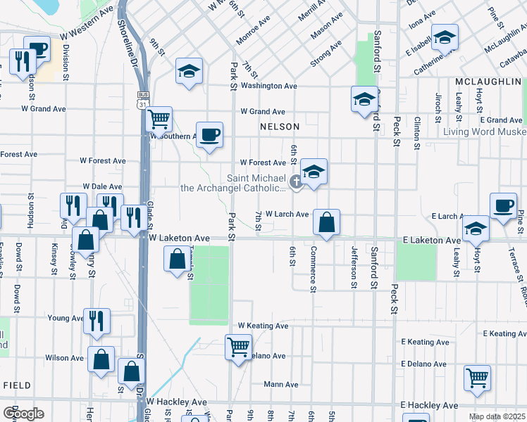 map of restaurants, bars, coffee shops, grocery stores, and more near 1747 7th Street in Muskegon