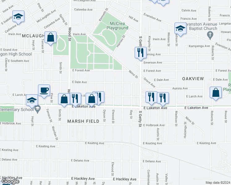 map of restaurants, bars, coffee shops, grocery stores, and more near 1724 Elwood Street in Muskegon