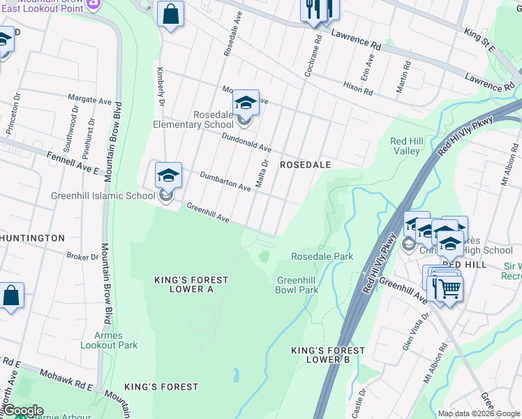 map of restaurants, bars, coffee shops, grocery stores, and more near 662 Cochrane Road in Hamilton