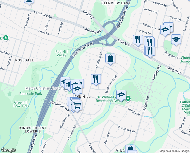 map of restaurants, bars, coffee shops, grocery stores, and more near 117 Mount Albion Road in Hamilton