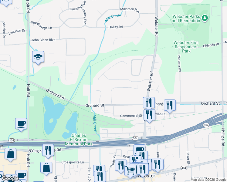 map of restaurants, bars, coffee shops, grocery stores, and more near 291 Carriage Path Court in Webster