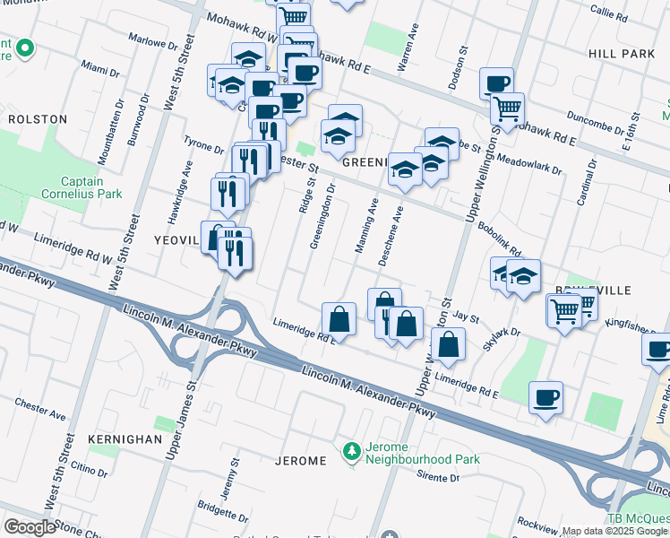 map of restaurants, bars, coffee shops, grocery stores, and more near 93 Purdy Crescent in Hamilton