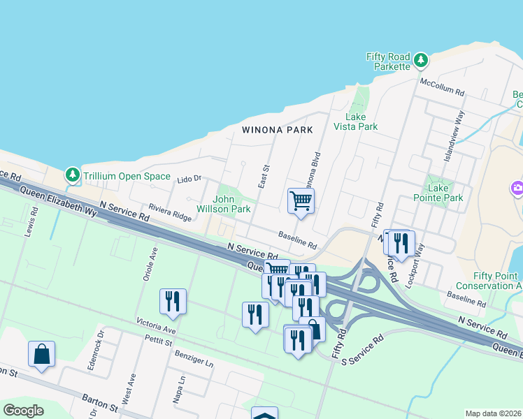 map of restaurants, bars, coffee shops, grocery stores, and more near 4 Richmond Crescent in Hamilton