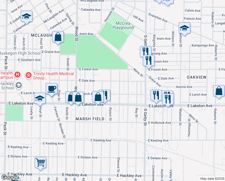 map of restaurants, bars, coffee shops, grocery stores, and more near 1724 Dyson Street in Muskegon