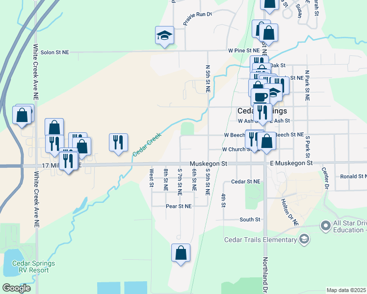 map of restaurants, bars, coffee shops, grocery stores, and more near 136 South 7th Street Northeast in Cedar Springs