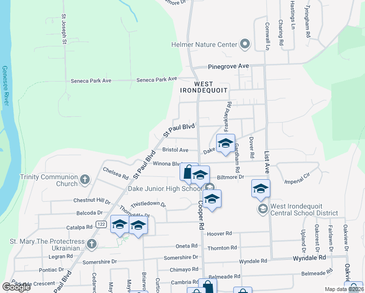 map of restaurants, bars, coffee shops, grocery stores, and more near 106 Bristol Avenue in Rochester