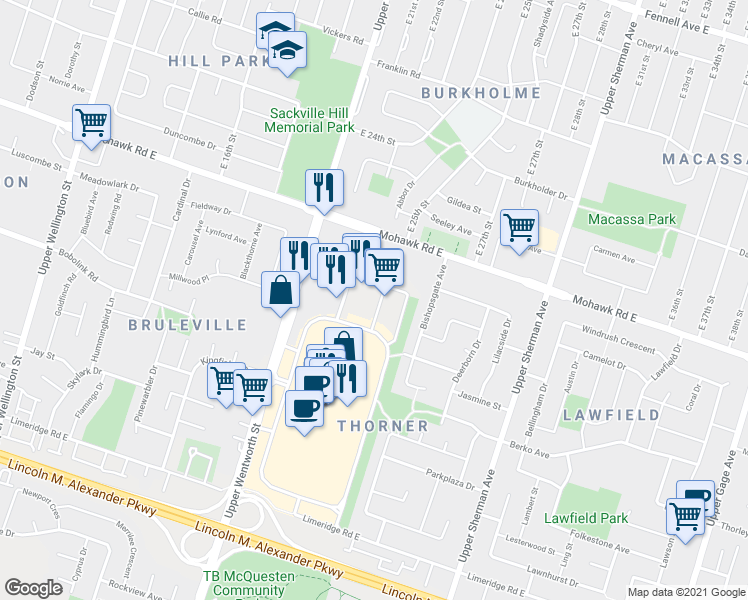 map of restaurants, bars, coffee shops, grocery stores, and more near 65 Mall Road in Hamilton