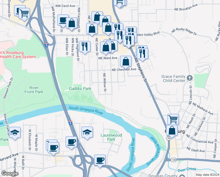 map of restaurants, bars, coffee shops, grocery stores, and more near 946 Walnut Street in Roseburg