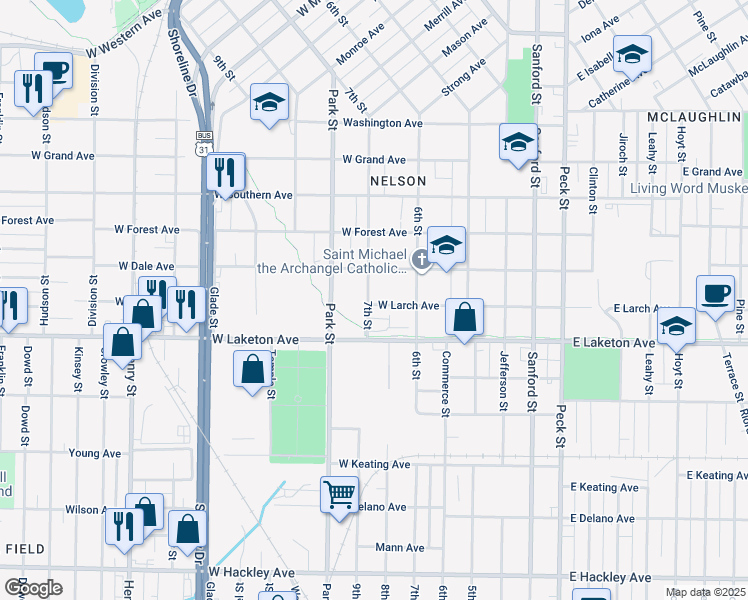 map of restaurants, bars, coffee shops, grocery stores, and more near 1732 7th Street in Muskegon