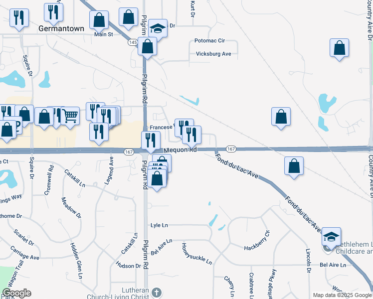 map of restaurants, bars, coffee shops, grocery stores, and more near N112W15237 Mequon Road in Germantown