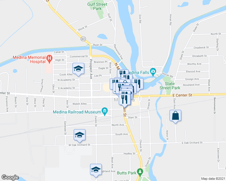 map of restaurants, bars, coffee shops, grocery stores, and more near 415 West Avenue in Medina