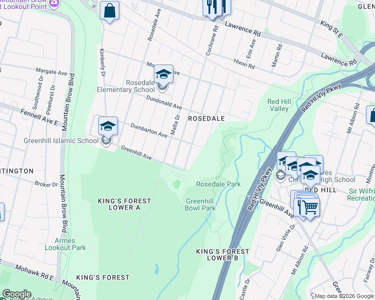 map of restaurants, bars, coffee shops, grocery stores, and more near 606 Rosseau Road in Hamilton